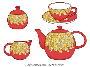 Hand drawing tea set. Teapot, milk jug, sugar bowl and cups and saucers. Floral decoration. Red design with yellow chrysanthemum.