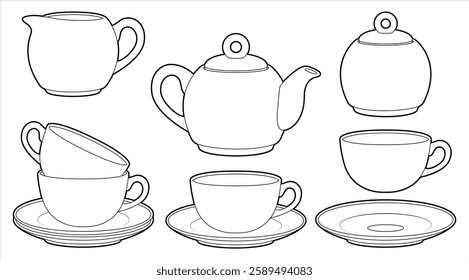 Hand drawing tea set. Teapot, milk jug, sugar bowl and cups and saucers. Black outline. Coloring page.	