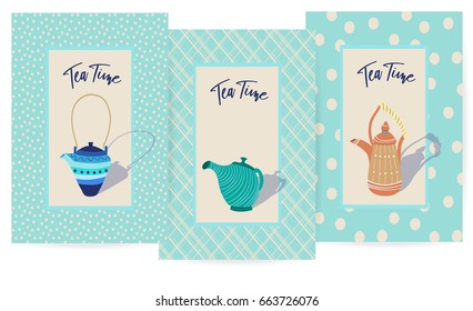 Hand Drawing Tea Time Cards Set. Vector.