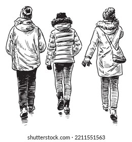 Hand Drawing Of Teens Friends Walking Outdoors