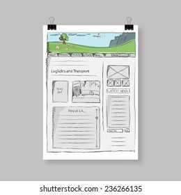 Hand drawing template of website on paper sheet 