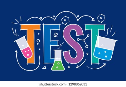 hand drawing test tubes and test word concept on navy blue background