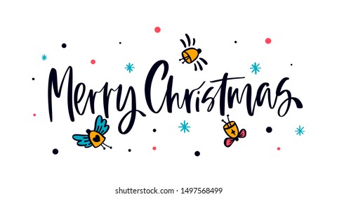 Hand drawing text for Happy New Year illustration. Xmas greeting card. Bright multi-colored letters. Stylish hand drawn lettering. Winter holiday hand-painted inscription. Stars. Christmas. Bells.