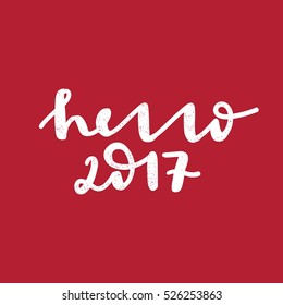 Hand drawing text for Happy New Year illustration on red background. Greeting card. Bright multi-colored letters. Modern, stylish hand drawn lettering. Hand-painted inscription. 2017. Christmas.
