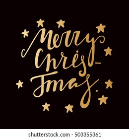 Hand drawing text for Merry Christmas. Greeting card. Golden letters on a black background.  Modern and stylish hand drawn lettering. Quote. Hand-painted inscription. Freehand drawing. Gold stars.