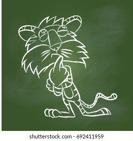  Hand drawing of a Thinking Tiger with textured green board. Education Concept, Vector Illustration