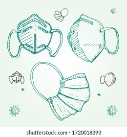 Hand drawing three medical face mask, vector illustration