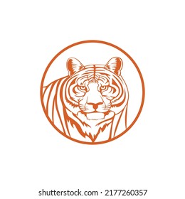 Hand drawing tiger face with circle vector logo template