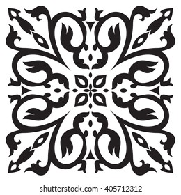 Hand drawing tile pattern in black and white colors. Italian majolica style. 