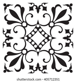 Hand drawing tile pattern in black and white colors. Italian majolica style. 