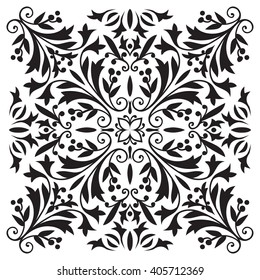 Hand drawing tile pattern in black and white colors. Italian majolica style. 