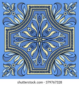 Hand drawing tile pattern in  blue and yellow colors. Italian majolica style. Vector illustration. The best for your design, textiles, posters