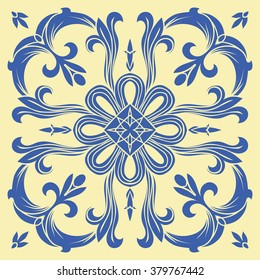 Hand drawing tile pattern in  blue and yellow colors. Italian majolica style. Vector illustration. The best for your design, textiles, posters