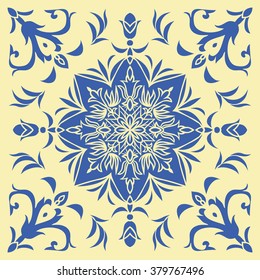 Hand drawing tile pattern in  blue and yellow colors. Italian majolica style. Vector illustration. The best for your design, textiles, posters
