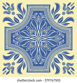 Hand drawing tile pattern in  blue and yellow colors. Italian majolica style. Vector illustration. The best for your design, textiles, posters