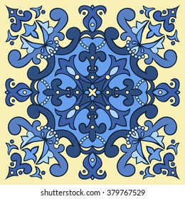 Hand drawing tile pattern in  blue and yellow colors. Italian majolica style. Vector illustration. The best for your design, textiles, posters