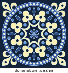 Hand drawing tile pattern in  blue and yellow colors. Italian majolica style. Vector illustration. The best for your design, textiles, posters