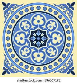 Hand drawing tile pattern in  blue and yellow colors. Italian majolica style. Vector illustration. The best for your design, textiles, posters