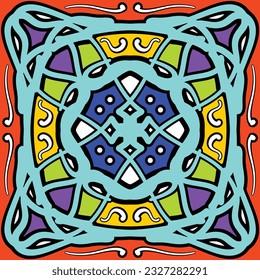 Hand drawing tile pattern in dark blue, purple and yellow colors. Vector illustration. The best for your design, textiles, posters