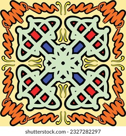 Hand drawing tile pattern in dark blue, purple and yellow colors. Vector illustration. The best for your design, textiles, posters