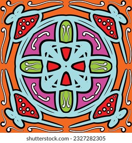 Hand drawing tile pattern in dark blue, purple and yellow colors. Vector illustration. The best for your design, textiles, posters
