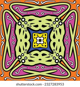 Hand drawing tile pattern in dark blue, purple and yellow colors. Vector illustration. The best for your design, textiles, posters