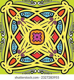 Hand drawing tile pattern in dark blue, purple and yellow colors. Vector illustration. The best for your design, textiles, posters