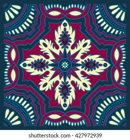 Hand drawing tile pattern in dark blue, purple and yellow colors. Vector illustration. The best for your design, textiles, posters