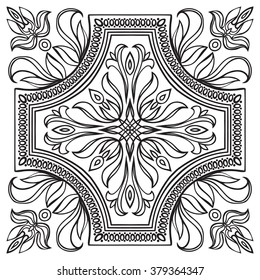 Hand drawing tile vintage black line pattern. Italian majolica style. Vector illustration. The best for your design, textiles, posters