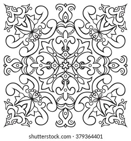 Hand drawing tile vintage black line pattern. Italian majolica style. Vector illustration. The best for your design, textiles, posters