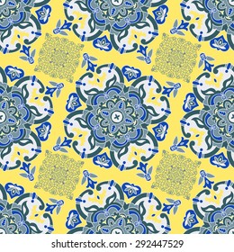 Hand drawing tile vintage color seamless pattern. Italian majolica style. Vector illustration. The best for your design, textiles, posters