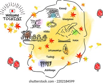hand drawing TOCHIGI JAPAN in Autumn tourist spot map, vector