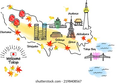 hand drawing TOKYO JAPAN in Autumn tourist spot map, vector