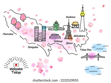 hand drawing TOKYO JAPAN in Spring tourist spot map, pink, vector