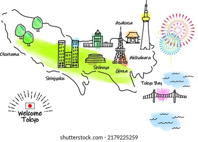 hand drawing TOKYO JAPAN tourist spot map illustration, vector