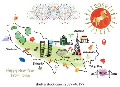 hand drawing TOKYO JAPAN tourist spot map new year card 2026 
hand drawing vector illustration