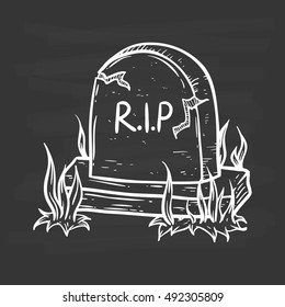 hand drawing tombstone with grass and outline on chalkboard background