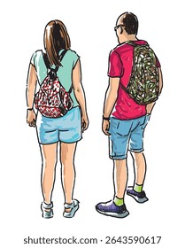 Hand drawing of tourists couple with backpacks standing outdoors on summer day, realistic sketch, vector illustration isolatrd on white