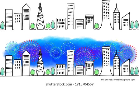 hand drawing town with fireworks vector illustration set