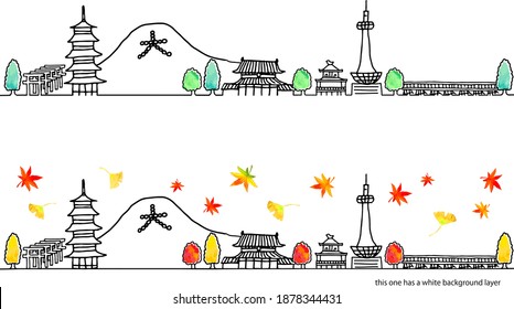 hand drawing town Kyoto Japan in Autumn vector illustration set