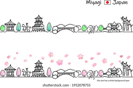 hand drawing town MIYAGI Japan in Spring
