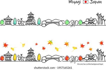 hand drawing town MIYAGI Japan in Autumn