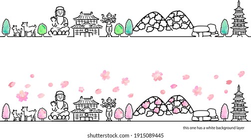 hand drawing town Nara in Spring vector illustration set