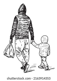 Hand drawing of townsman with his kid walking outdoors 