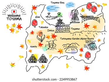 dibujo a mano TOYAMA JAPÓN en el mapa turístico del otoño, vector