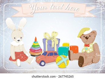 hand drawing of toys on grunge background with space for text. vector illustration