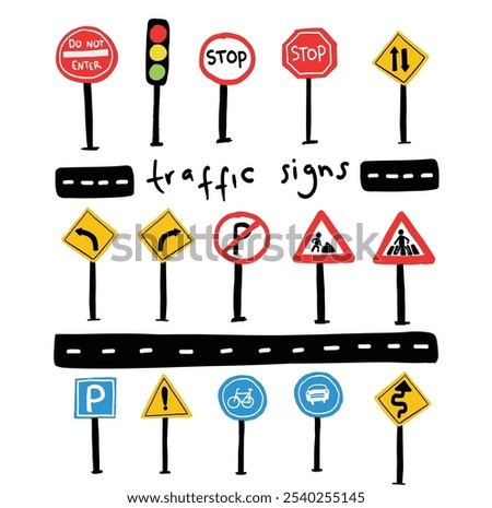 Hand drawing traffic sign doodle kids drawing road map direction