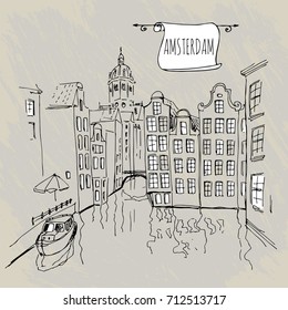 Hand drawing travel sketch of traditional historical buildings for Design, Website, Background, Banner, Card. Amsterdam, Holland, Netherlands. 