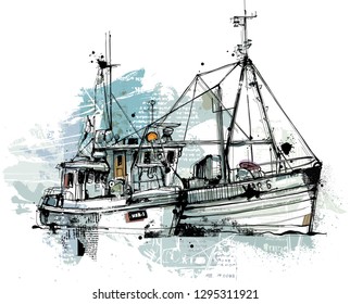 Hand drawing trawlers isolated on white. Reduced to one layer.