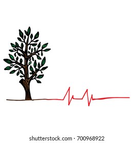 Hand drawing tree. A tree with a heartbeat. vector illustration.